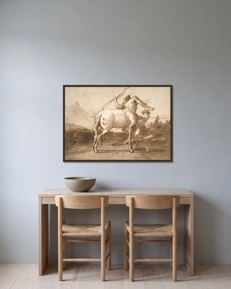 En kentaur och en satyr av Giovanni Domenico Tiepolo inramad på en vägg