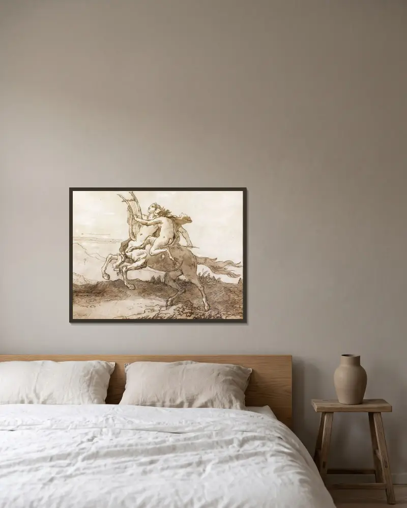 En kentaur med lyra, galopperande med en kvinnlig faun av Giovanni Domenico Tiepolo inramad på en vägg