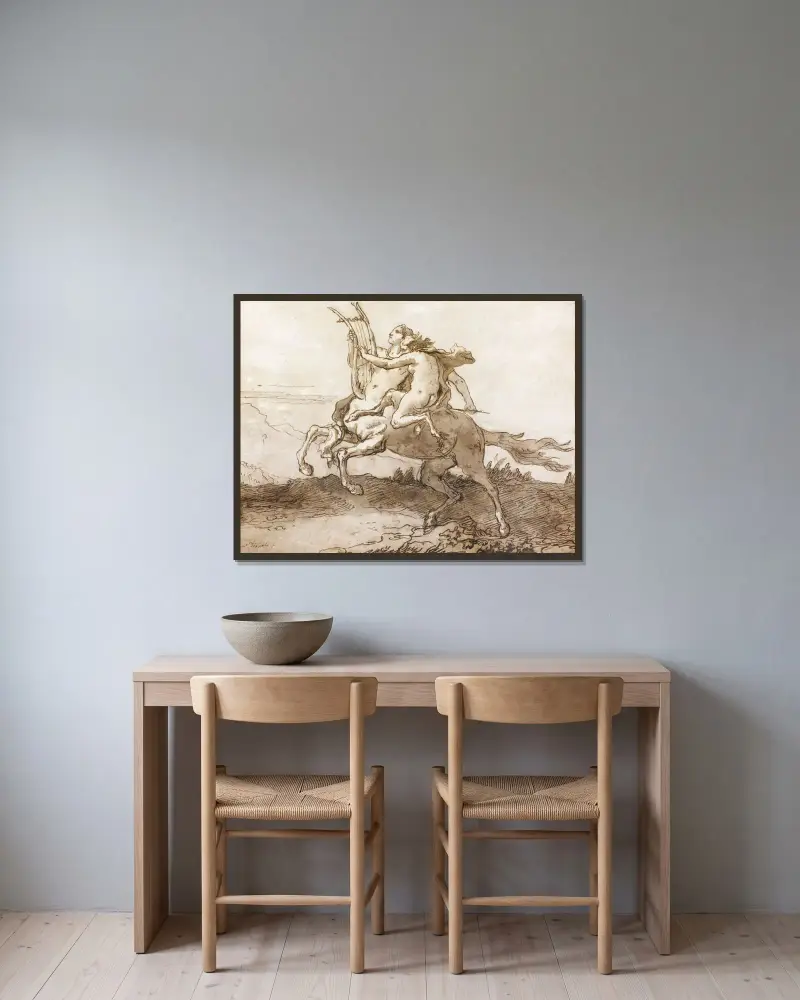 En kentaur med lyra, galopperande med en kvinnlig faun av Giovanni Domenico Tiepolo inramad på en vägg