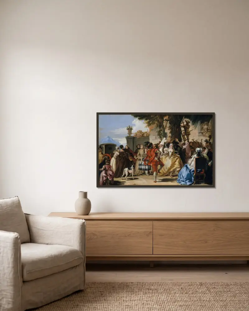 En dans på landet av Giovanni Domenico Tiepolo inramad på en vägg