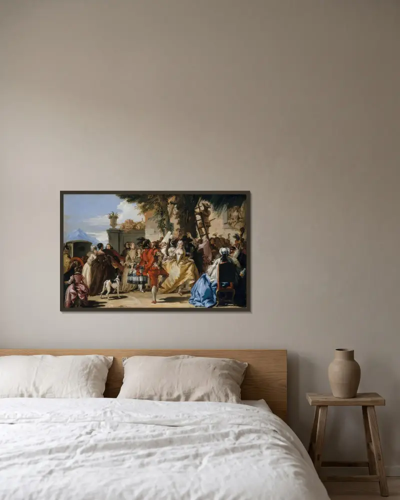 En dans på landet av Giovanni Domenico Tiepolo inramad på en vägg