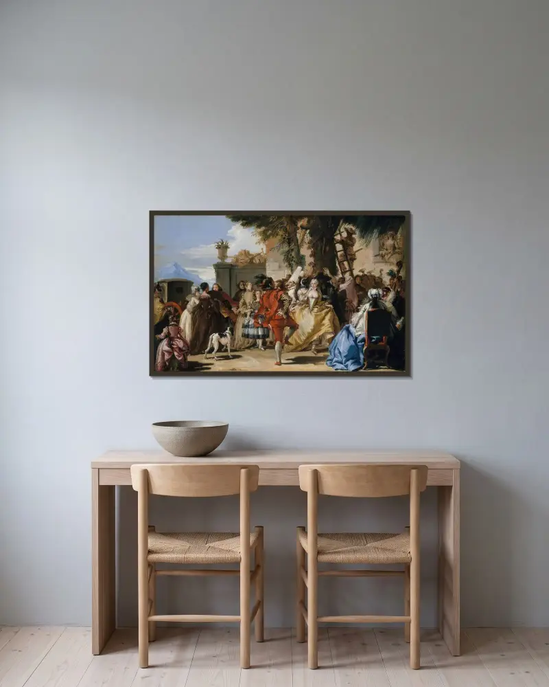 En dans på landet av Giovanni Domenico Tiepolo inramad på en vägg