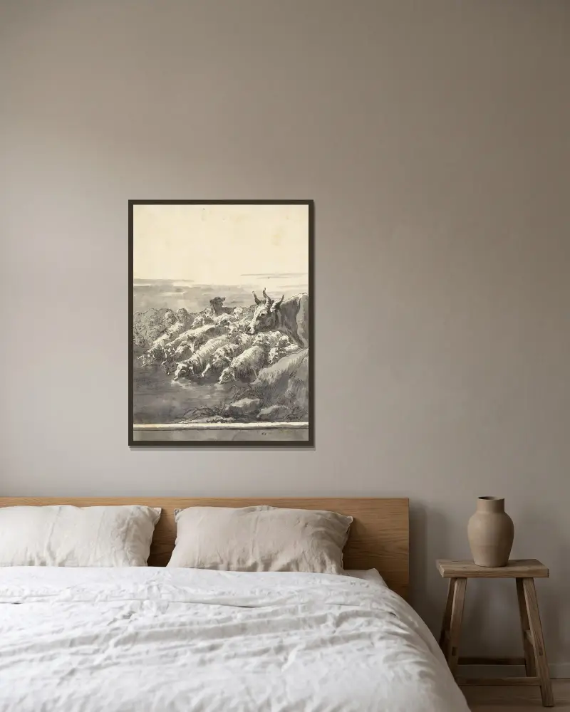 Eine Herde Schafe, die an einem Teich trinkt, mit einem Ochsen und einem Hund von Giovanni Domenico Tiepolo gerahmt an einer Wand