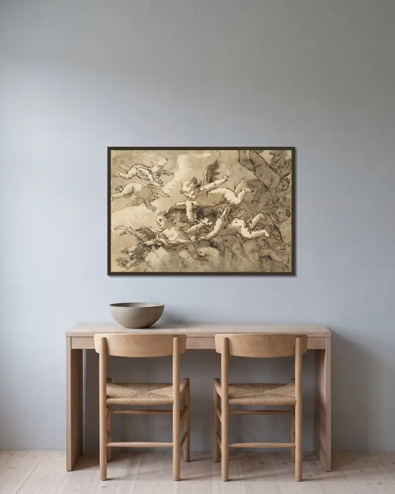 Eine Schar geflügelter Cherubim am Himmel, einer hält eine Märtyrerpalme von Giovanni Domenico Tiepolo gerahmt an einer Wand