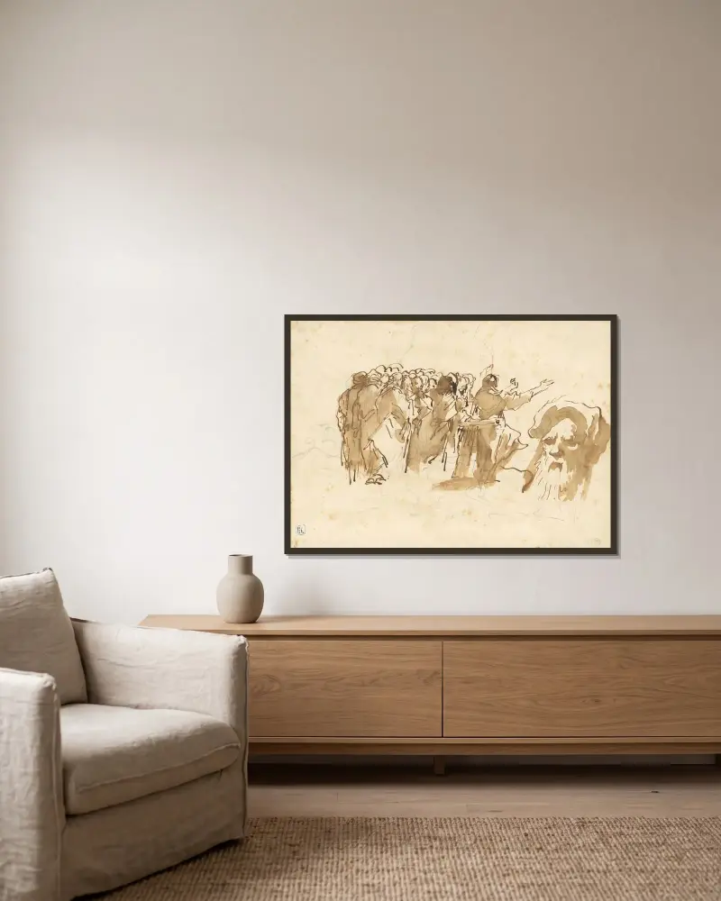 En helig man predikar, och ett orientaliskt huvud av Giovanni Domenico Tiepolo inramad på en vägg