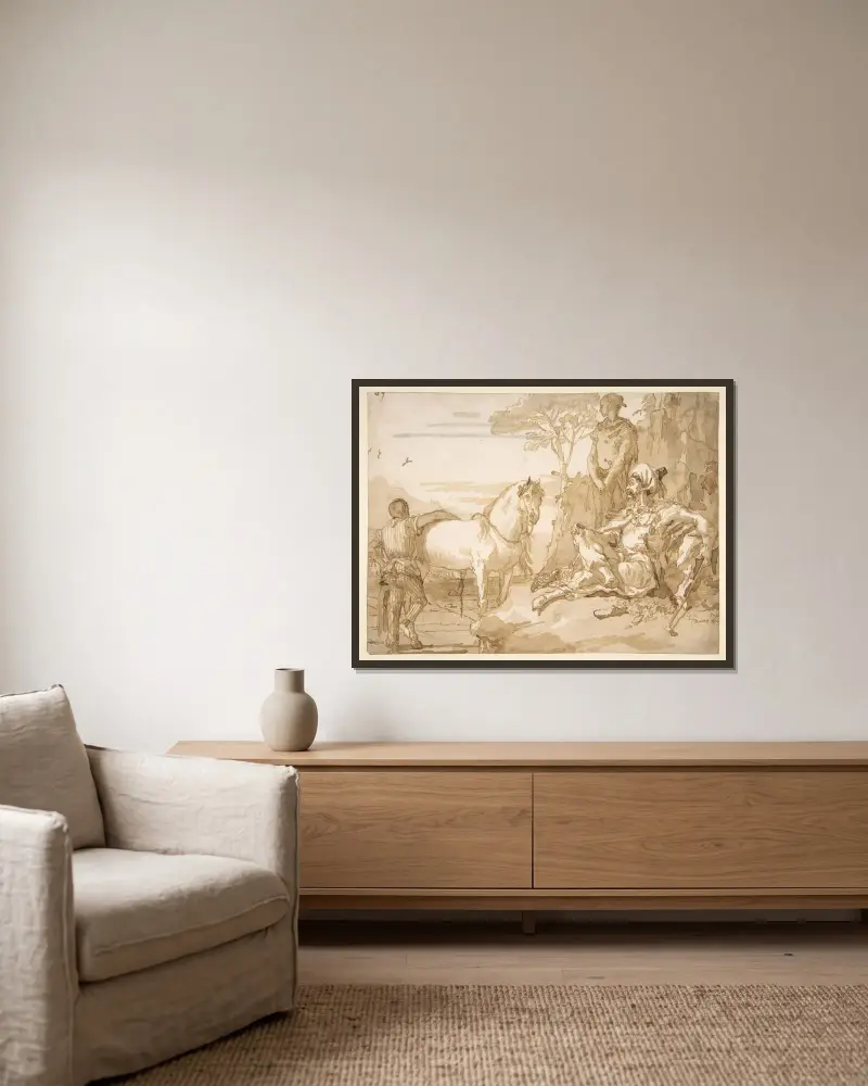 En orientaliskt hövding vilande av Giovanni Domenico Tiepolo inramad på en vägg