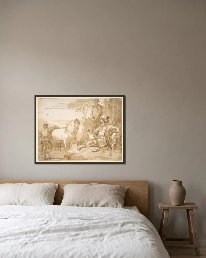 En orientaliskt hövding vilande av Giovanni Domenico Tiepolo inramad på en vägg