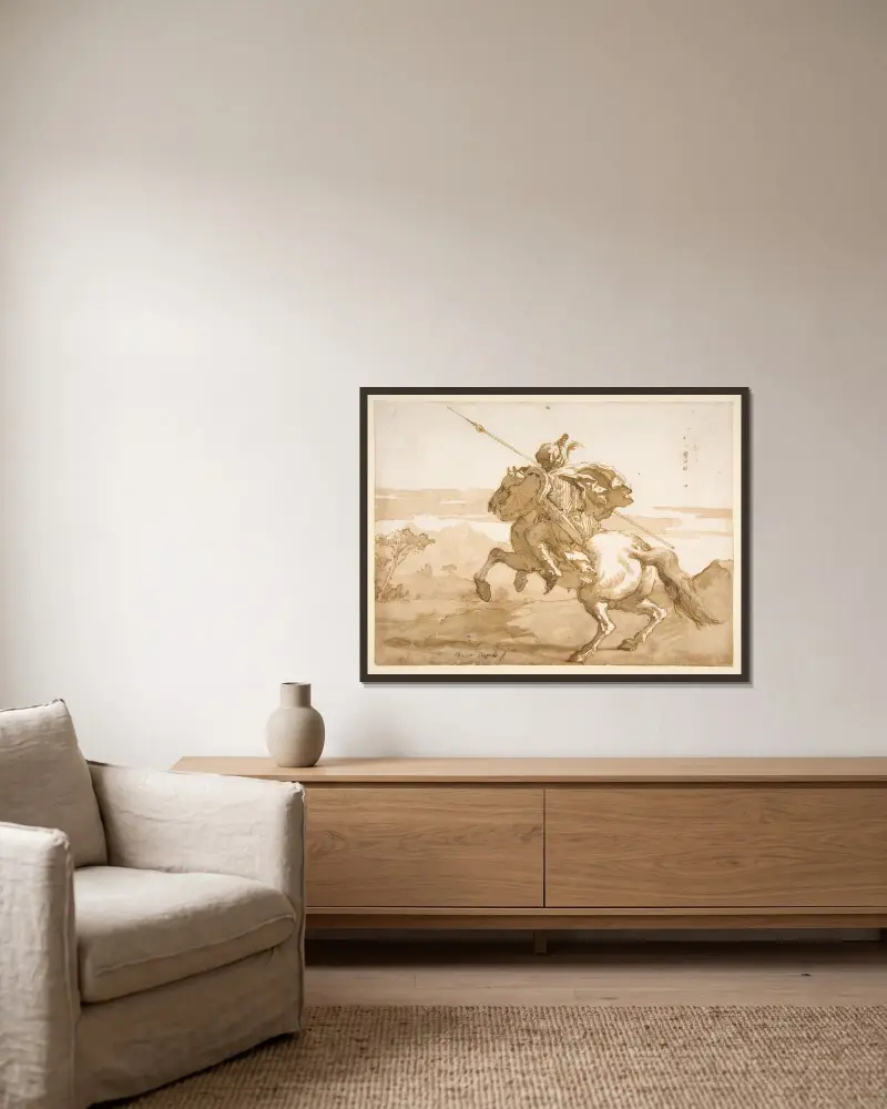 En orientisk ryttare av Giovanni Domenico Tiepolo inramad på en vägg