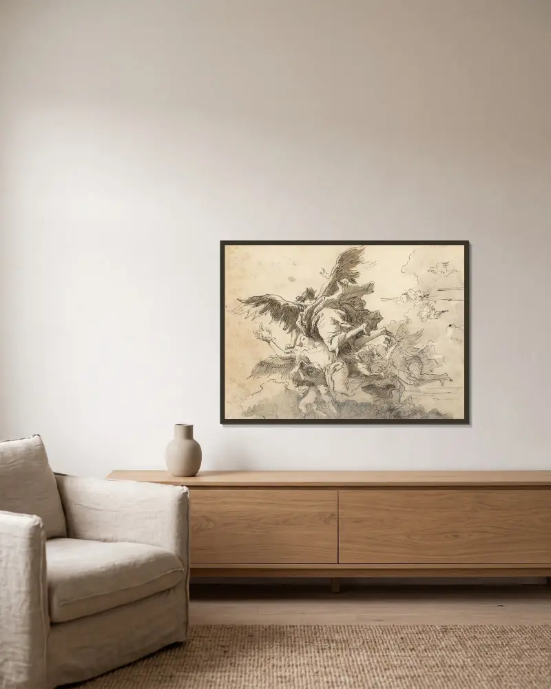Änglar på himlen av Giovanni Domenico Tiepolo inramad på en vägg