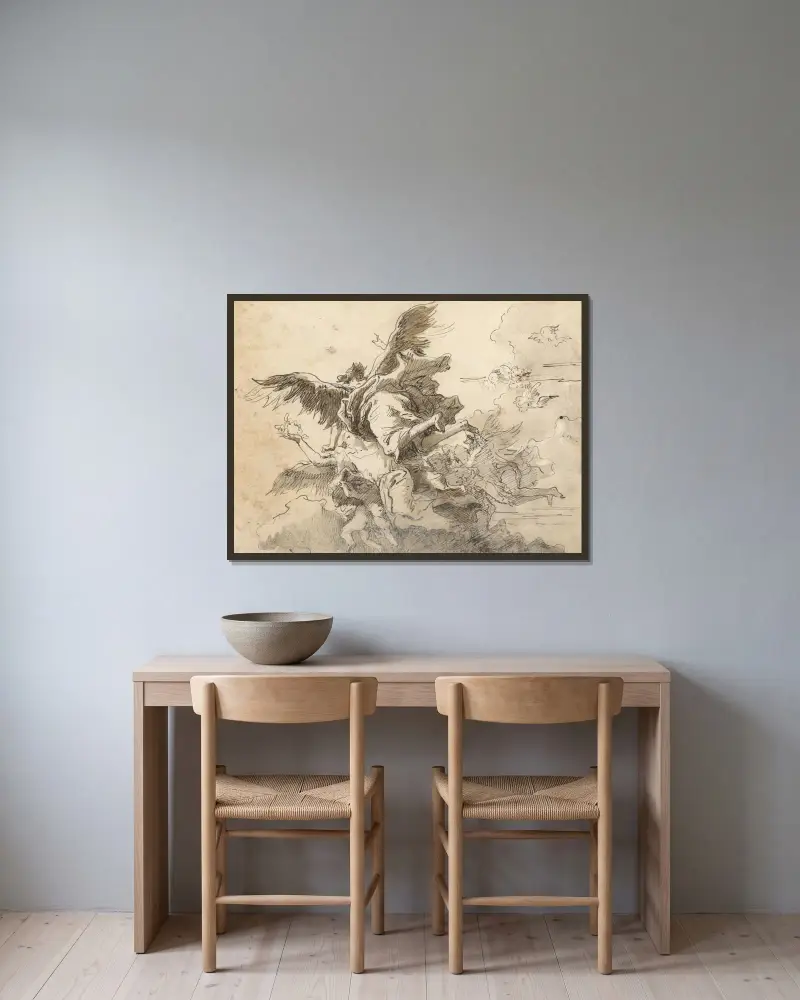 Änglar på himlen av Giovanni Domenico Tiepolo inramad på en vägg