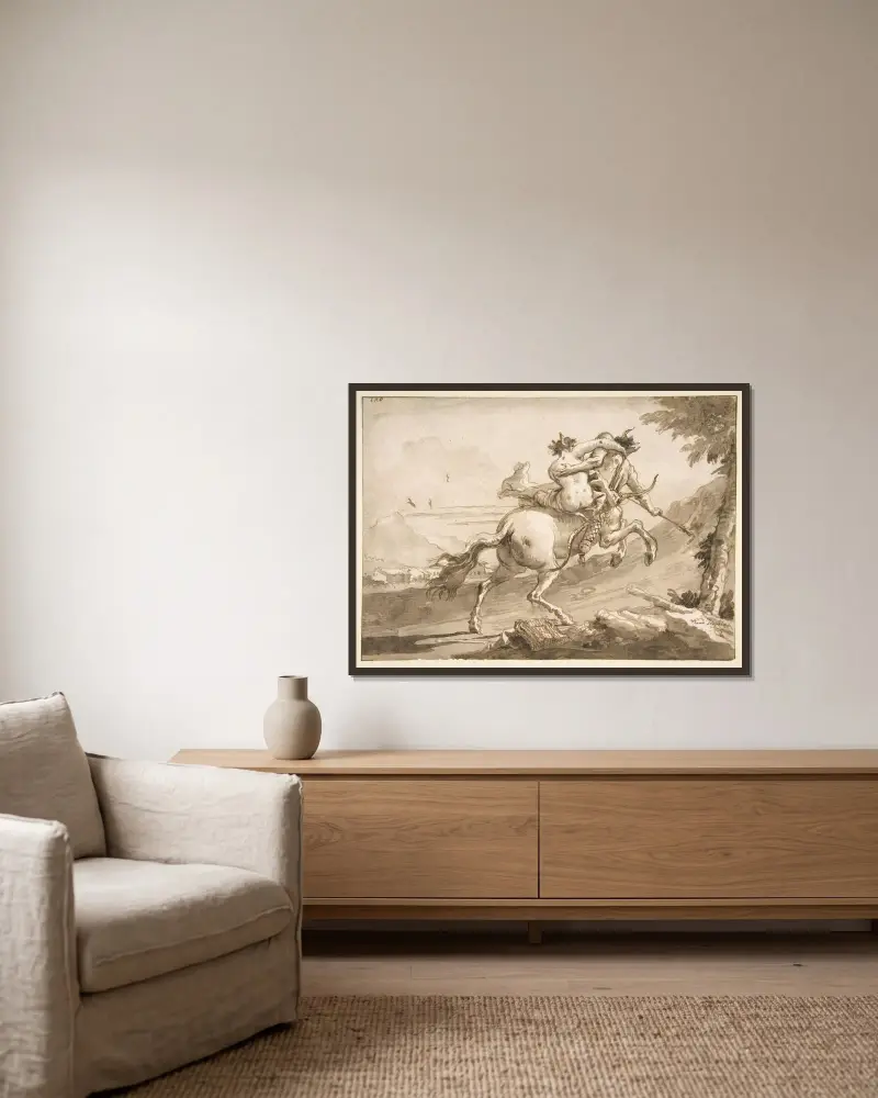 Bakifrån: en kentaur bortför en satyrinna av Giovanni Domenico Tiepolo inramad på en vägg