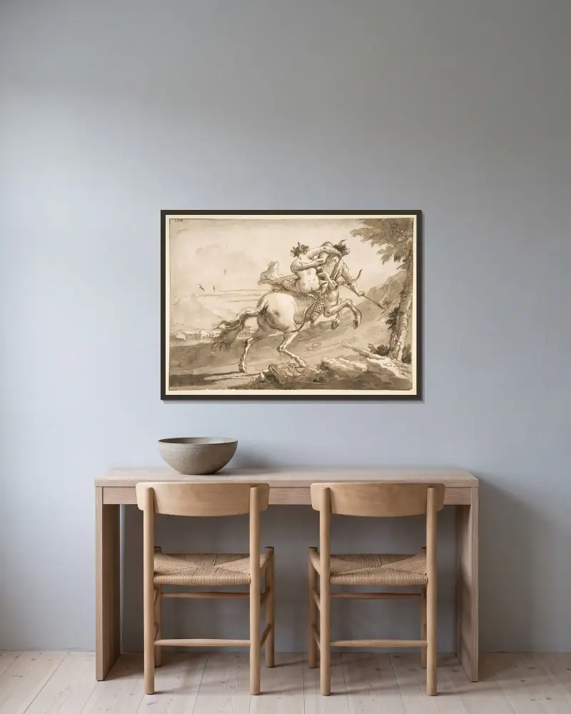 Bakifrån: en kentaur bortför en satyrinna av Giovanni Domenico Tiepolo inramad på en vägg