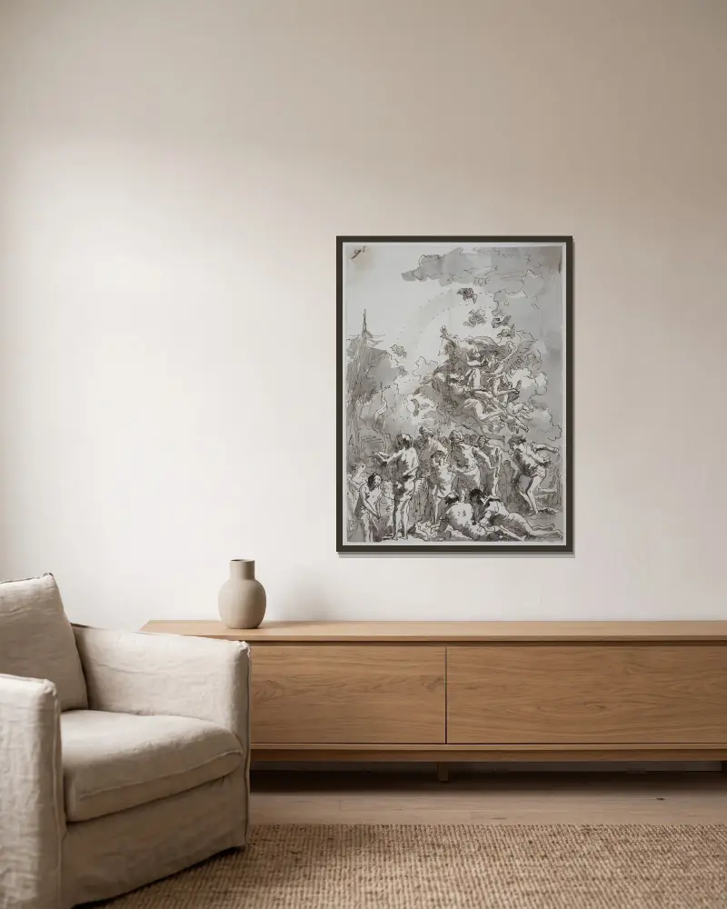 Kristi dop i Jordan av Giovanni Domenico Tiepolo inramad på en vägg