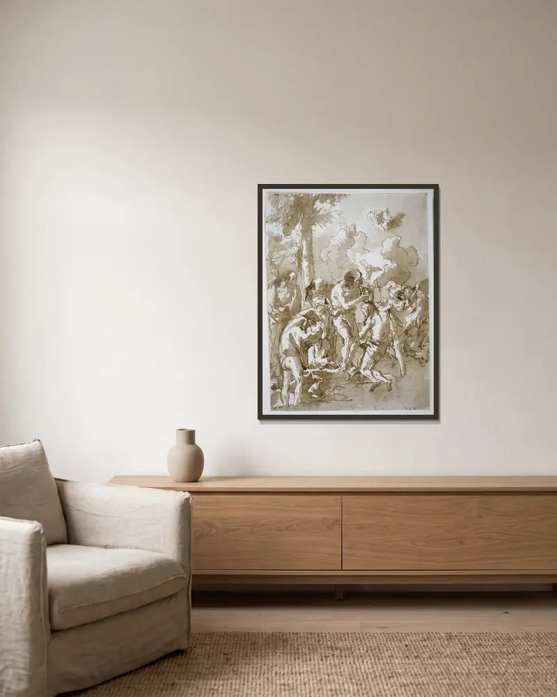 Kristi dop i Jordan av Giovanni Domenico Tiepolo inramad på en vägg