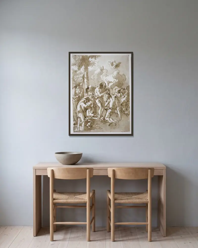 Kristi dop i Jordan av Giovanni Domenico Tiepolo inramad på en vägg