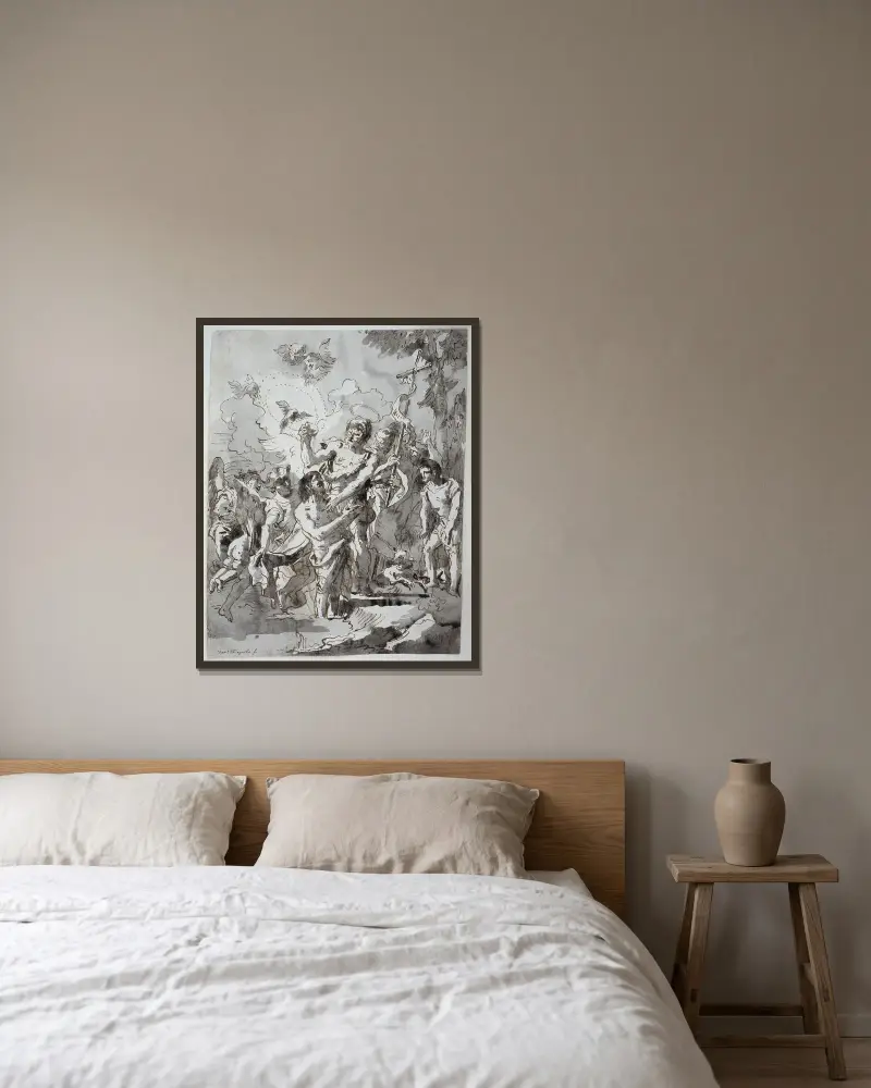 Kristi dop i Jordan av Giovanni Domenico Tiepolo inramad på en vägg
