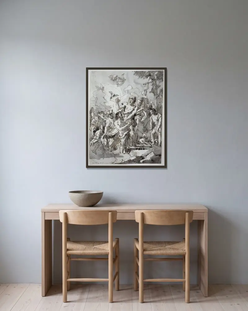 Kristi dop i Jordan av Giovanni Domenico Tiepolo inramad på en vägg
