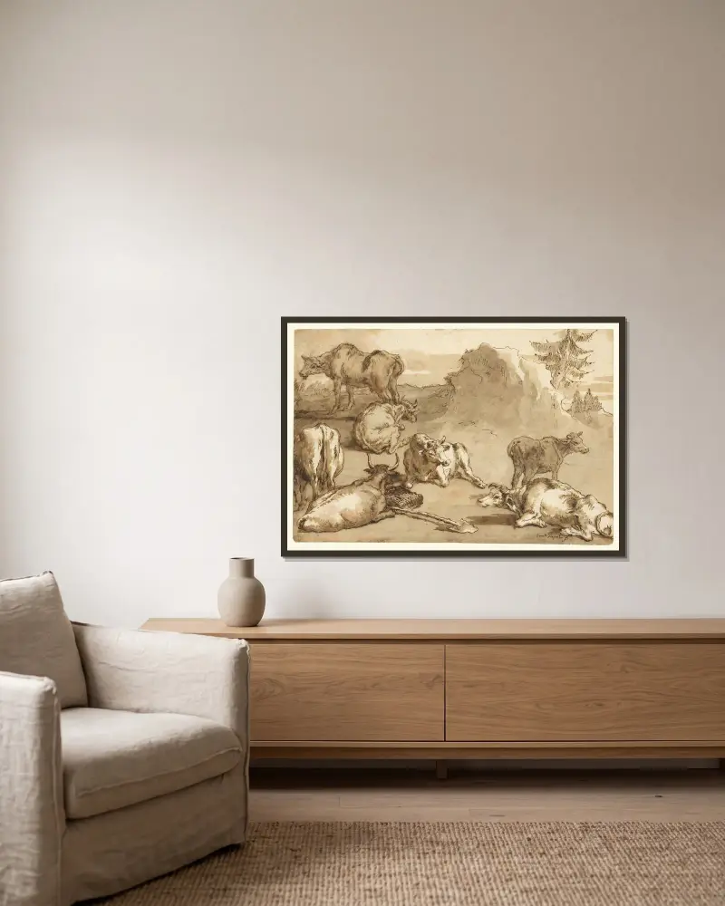 Boskap i landskap av Giovanni Domenico Tiepolo inramad på en vägg