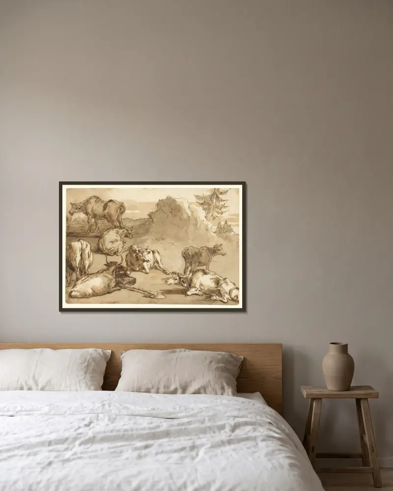 Boskap i landskap av Giovanni Domenico Tiepolo inramad på en vägg