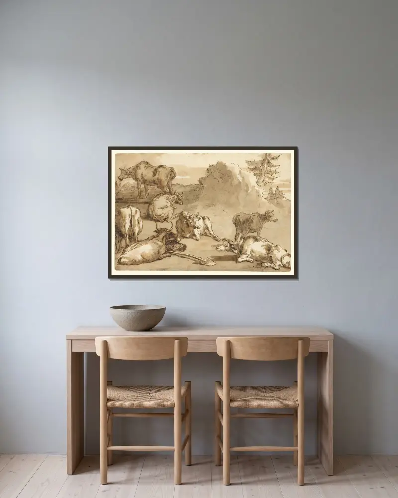 Boskap i landskap av Giovanni Domenico Tiepolo inramad på en vägg