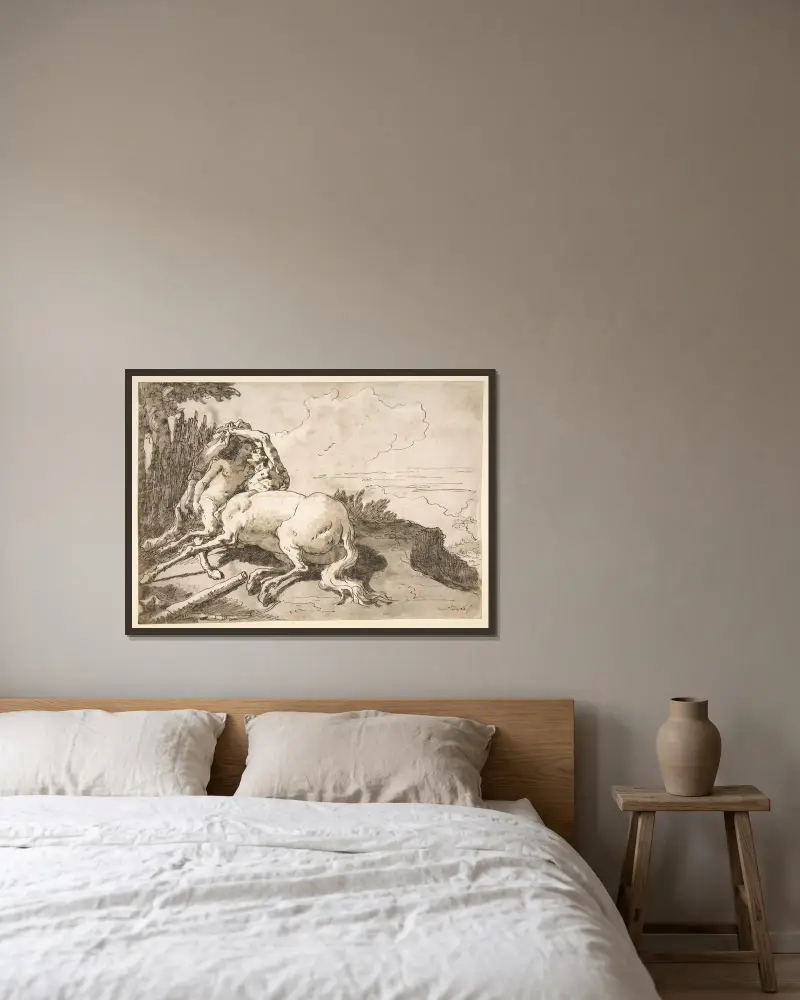 Kentaur som omfamnar en satyrinna av Giovanni Domenico Tiepolo inramad på en vägg