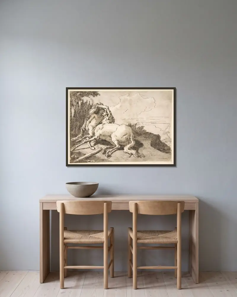 Kentaur som omfamnar en satyrinna av Giovanni Domenico Tiepolo inramad på en vägg