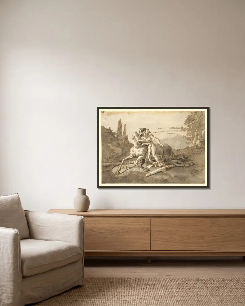 Kentaur som omfamnar en nymf i ett vilt landskap av Giovanni Domenico Tiepolo inramad på en vägg