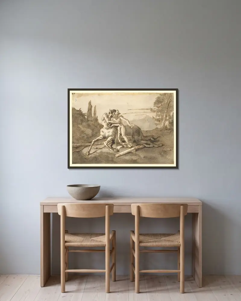 Kentaur som omfamnar en nymf i ett vilt landskap av Giovanni Domenico Tiepolo inramad på en vägg