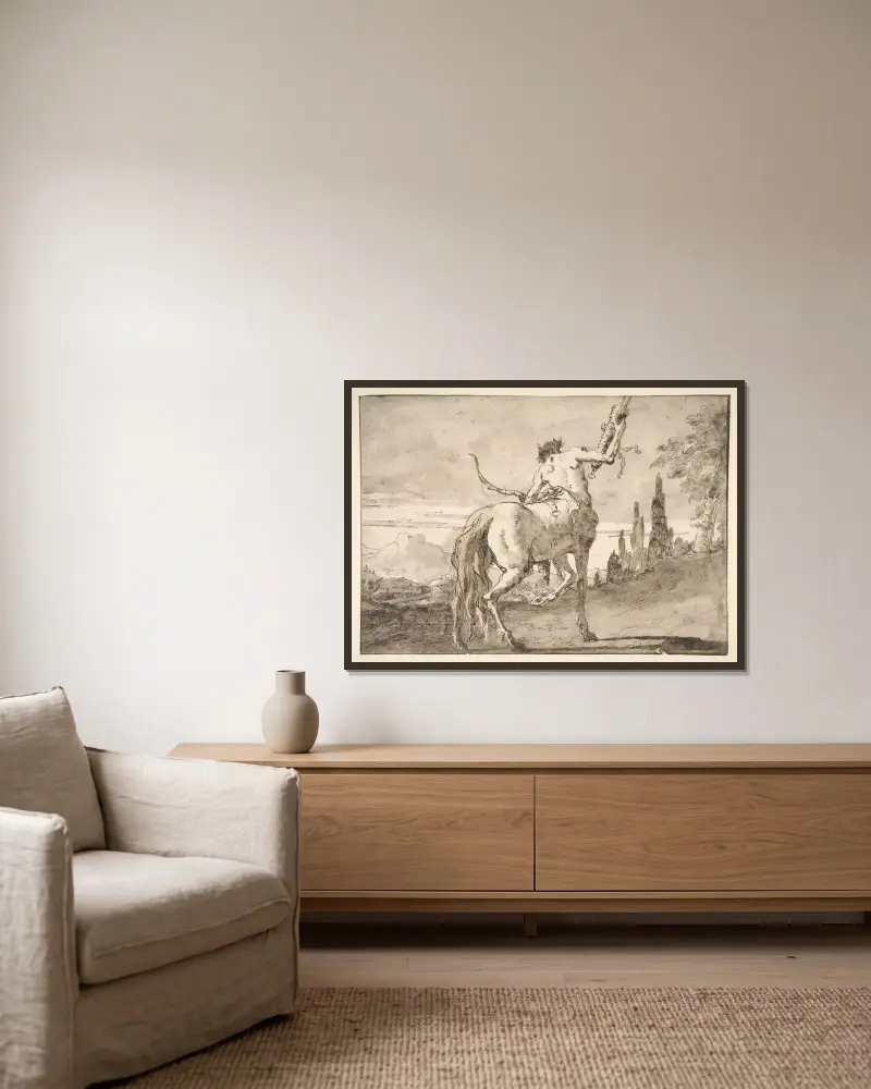 Kentauren som håller upp ett koger av Giovanni Domenico Tiepolo inramad på en vägg