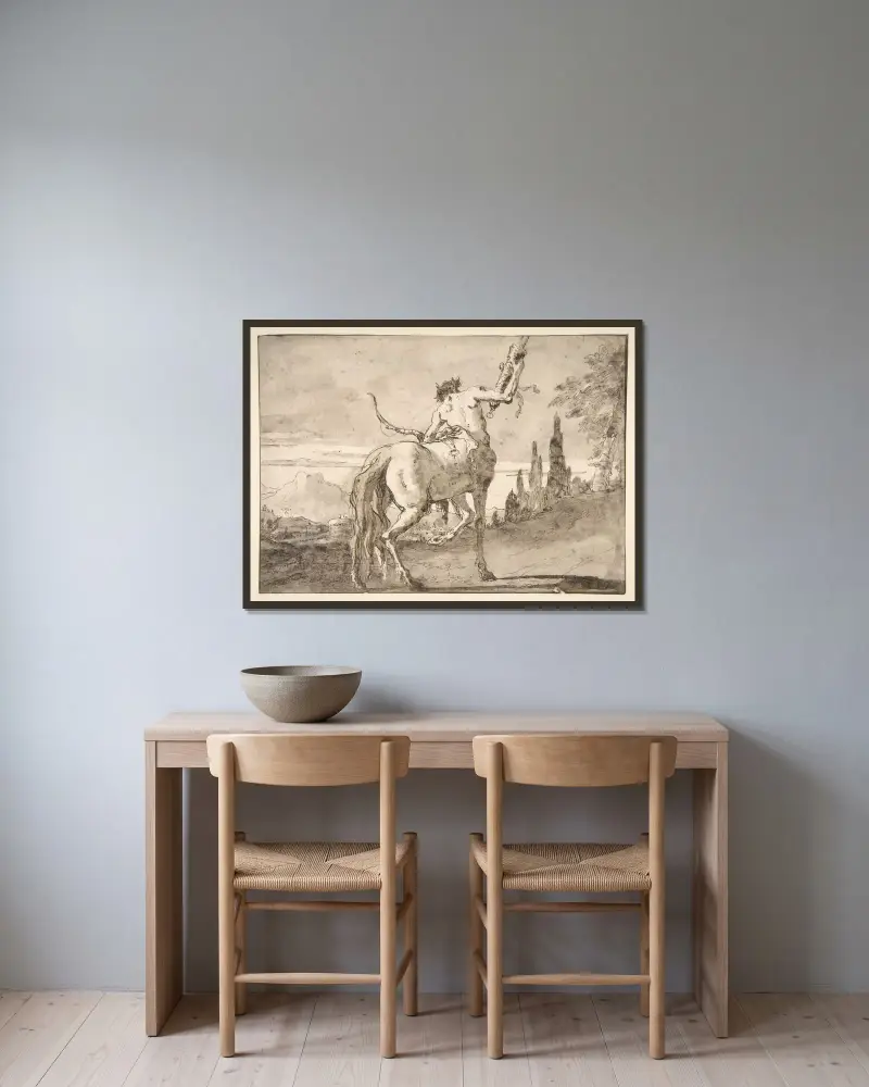 Kentauren som håller upp ett koger av Giovanni Domenico Tiepolo inramad på en vägg