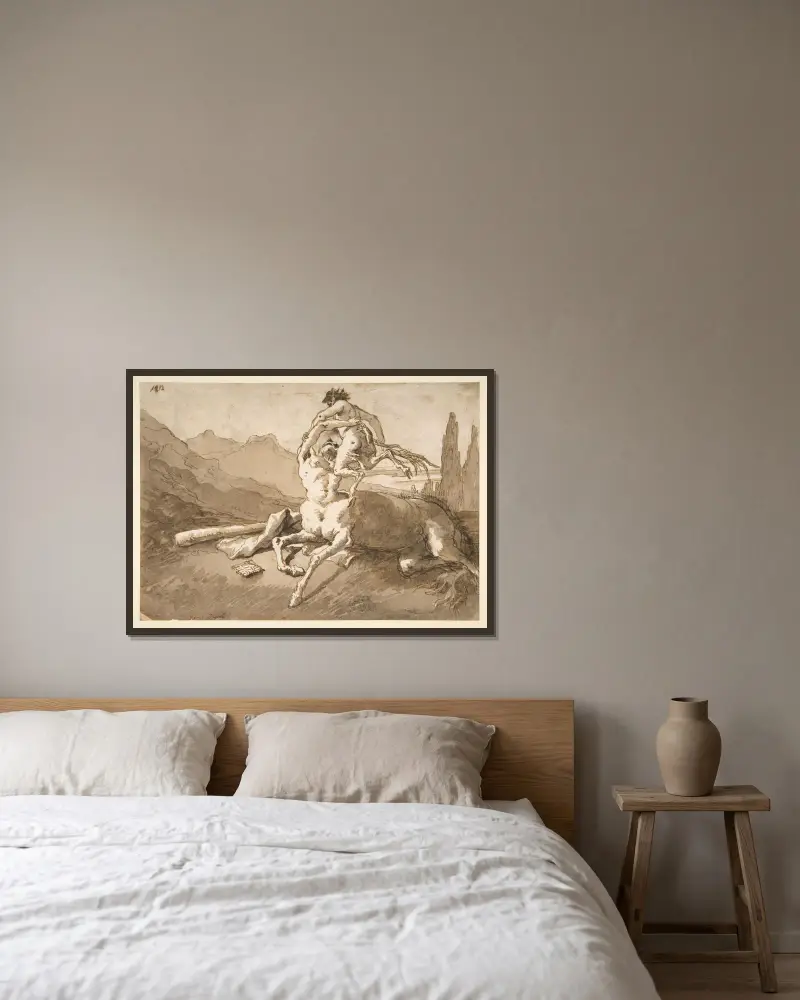 Kentauren som håller upp en ung satyr av Giovanni Domenico Tiepolo inramad på en vägg