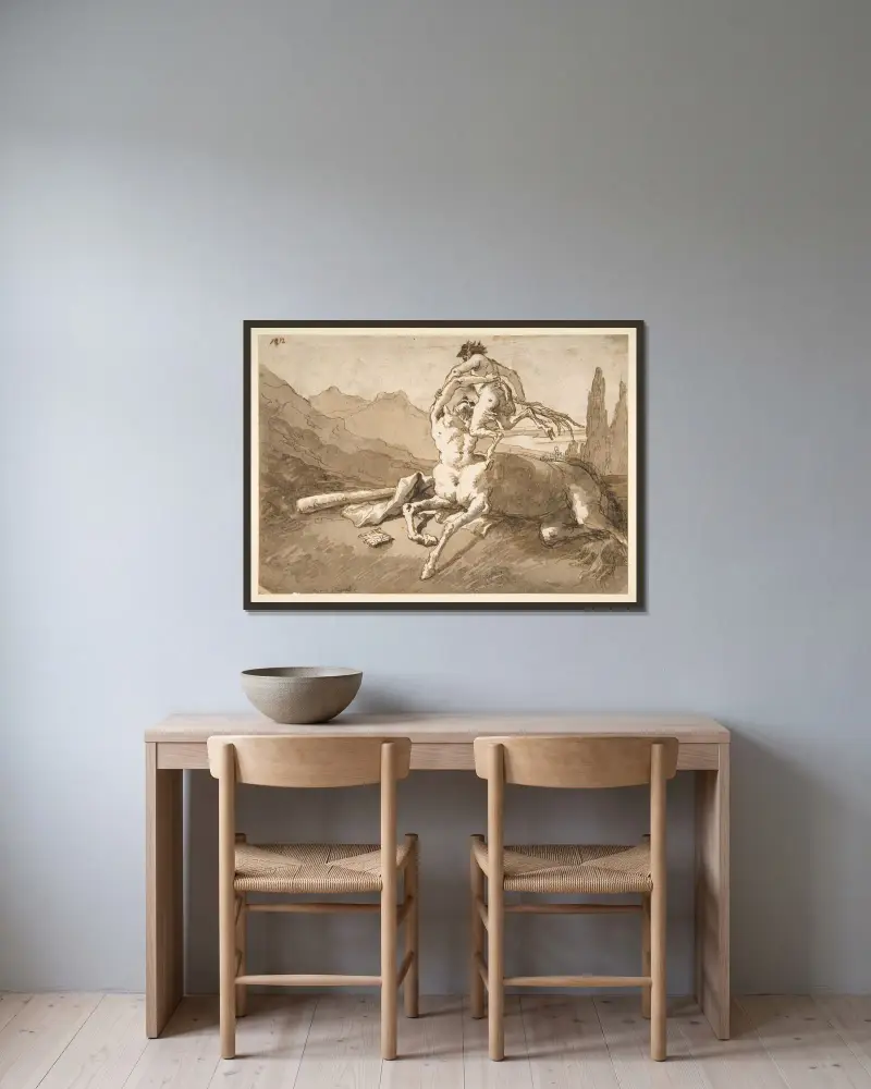 Kentauren som håller upp en ung satyr av Giovanni Domenico Tiepolo inramad på en vägg