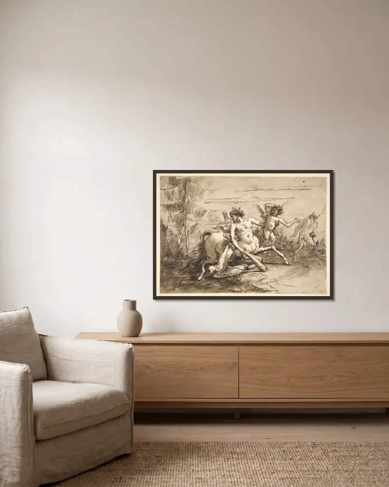Kentaur med klubba och två satyrer av Giovanni Domenico Tiepolo inramad på en vägg