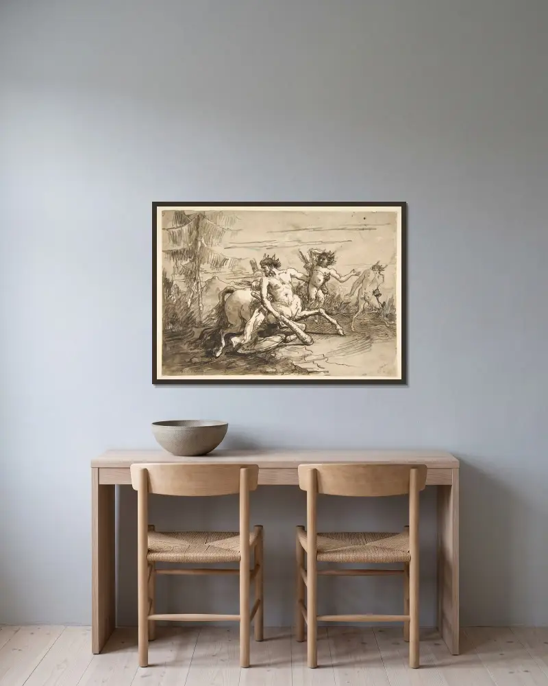 Kentaur med klubba och två satyrer av Giovanni Domenico Tiepolo inramad på en vägg