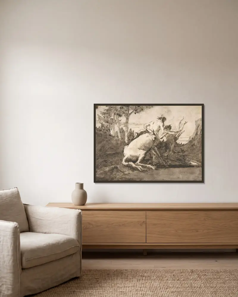 Kentauren med en ung satyr av Giovanni Domenico Tiepolo inramad på en vägg
