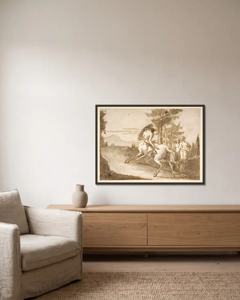 Kentaur med sköld och två satyrer av Giovanni Domenico Tiepolo inramad på en vägg