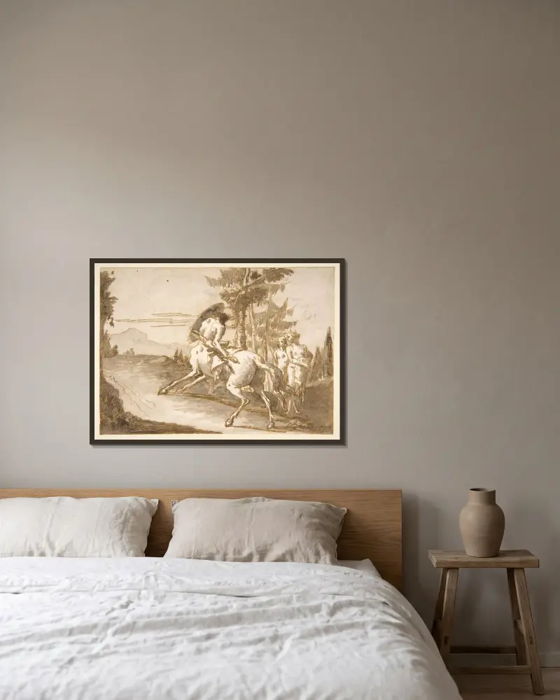 Kentaur med sköld och två satyrer av Giovanni Domenico Tiepolo inramad på en vägg