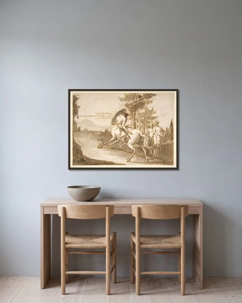 Kentaur med sköld och två satyrer av Giovanni Domenico Tiepolo inramad på en vägg