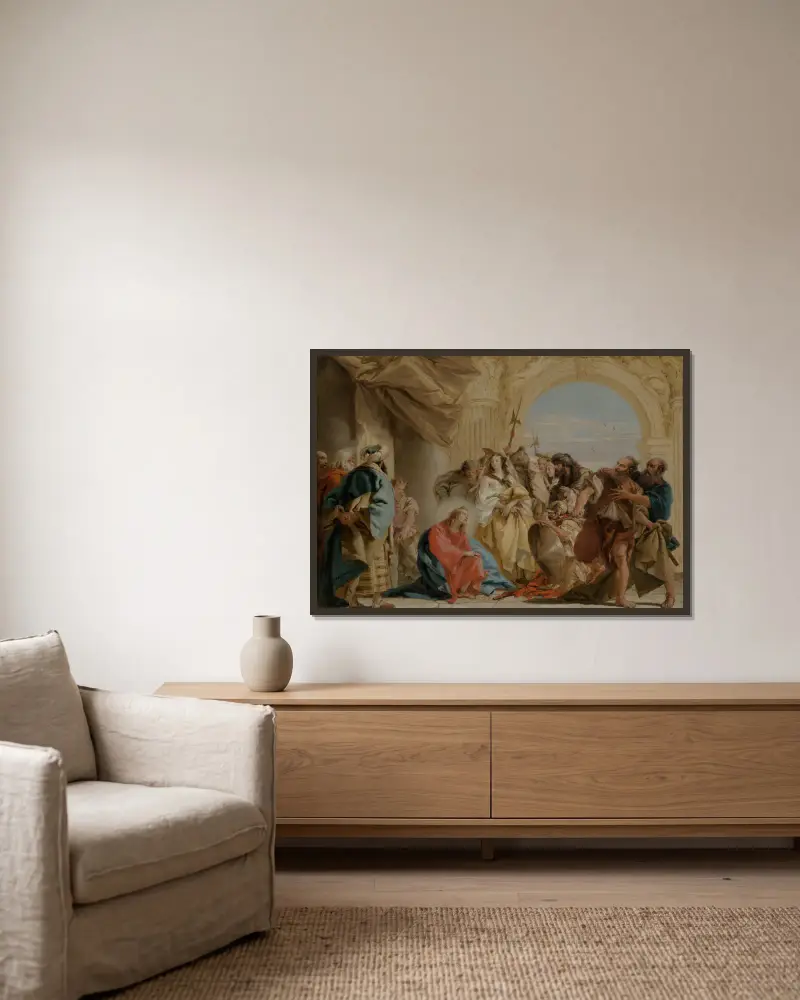 Christ and the Woman Taken in Adultery av Giovanni Domenico Tiepolo inramad på en vägg