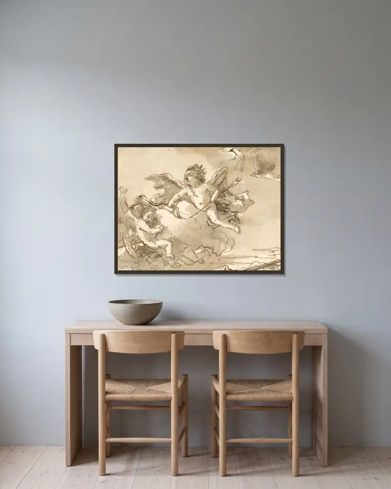 Amor med förbundna ögon, på ett moln buret av två putti av Giovanni Domenico Tiepolo inramad på en vägg