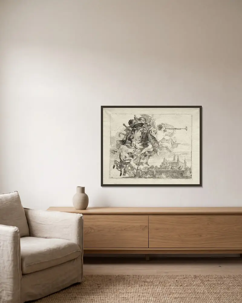 Widmung mit geflügelter Ruhmesgestalt, das Wappen des Fürstbischofs von Würzburg tragend von Giovanni Domenico Tiepolo gerahmt an einer Wand