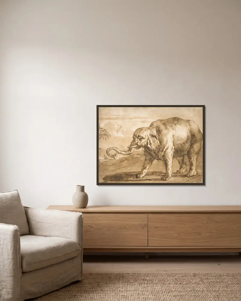 Elefant i landskap av Giovanni Domenico Tiepolo inramad på en vägg