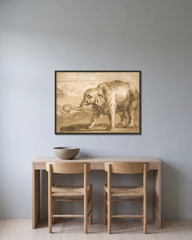 Elefant i landskap av Giovanni Domenico Tiepolo inramad på en vägg