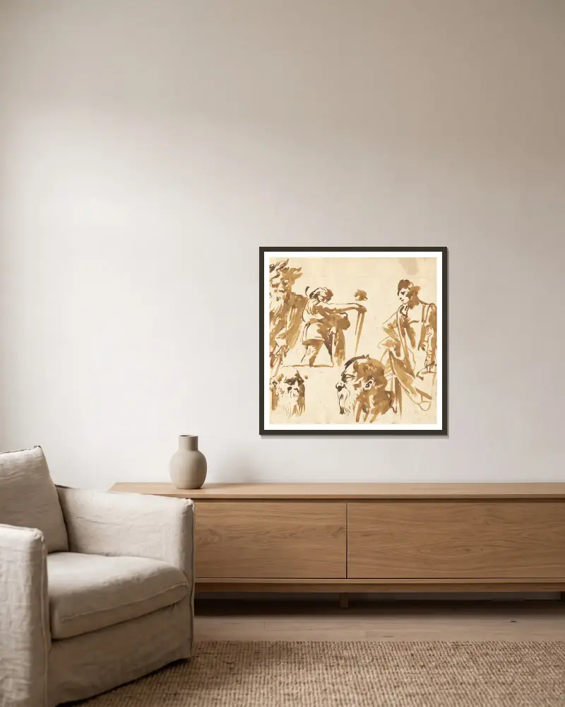 Figuren und Gesichter von Giovanni Domenico Tiepolo gerahmt an einer Wand