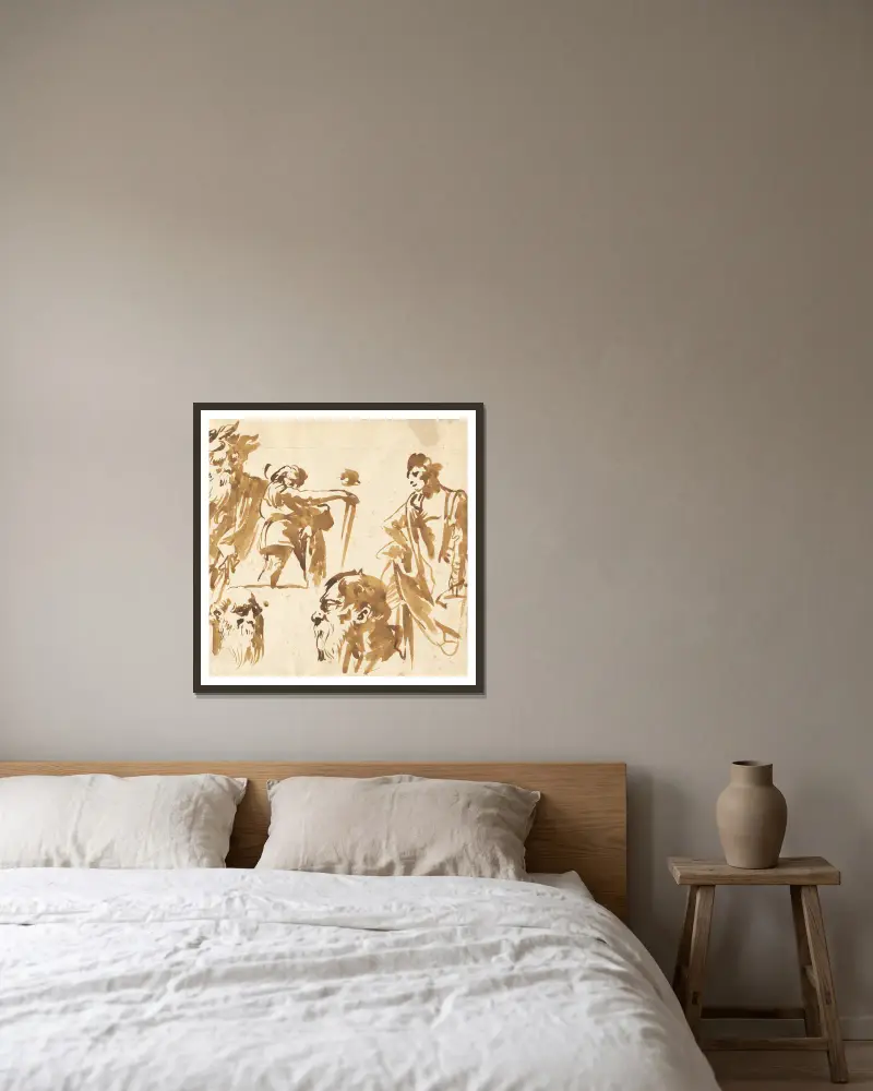 Figuren und Gesichter von Giovanni Domenico Tiepolo gerahmt an einer Wand