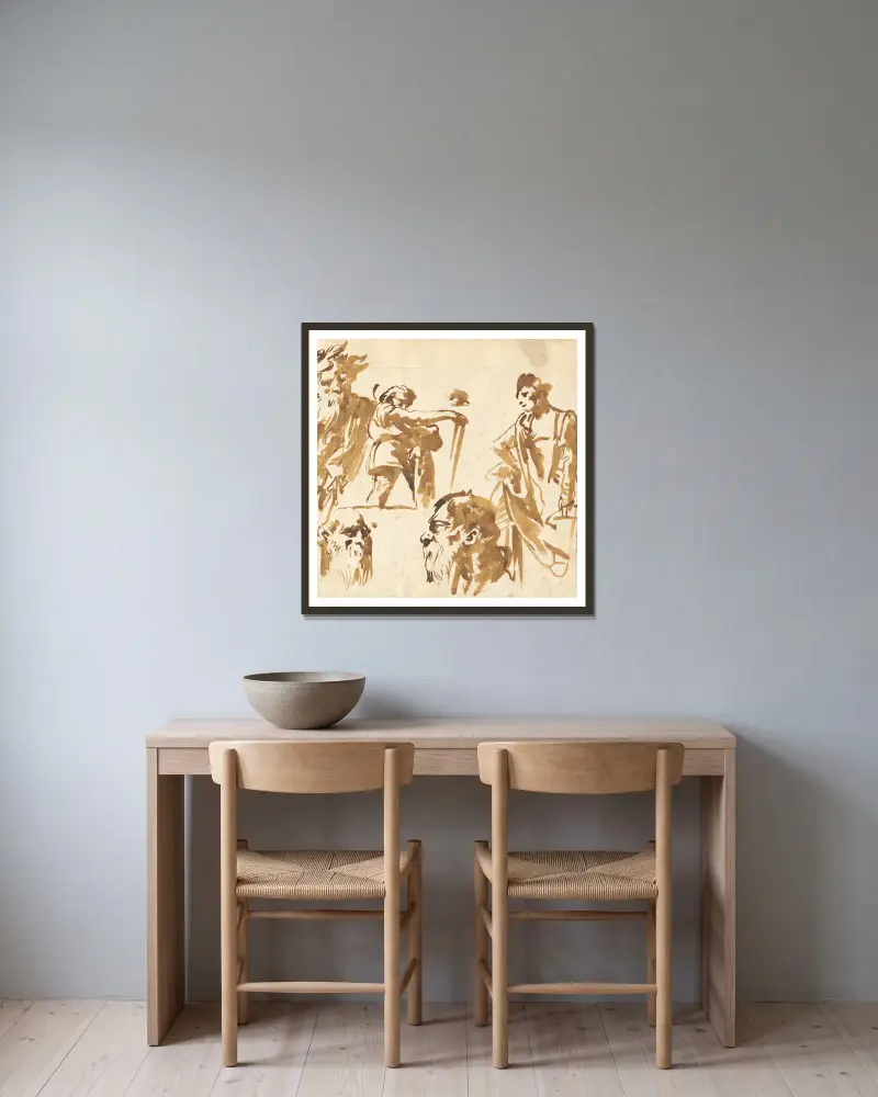 Figuren und Gesichter von Giovanni Domenico Tiepolo gerahmt an einer Wand