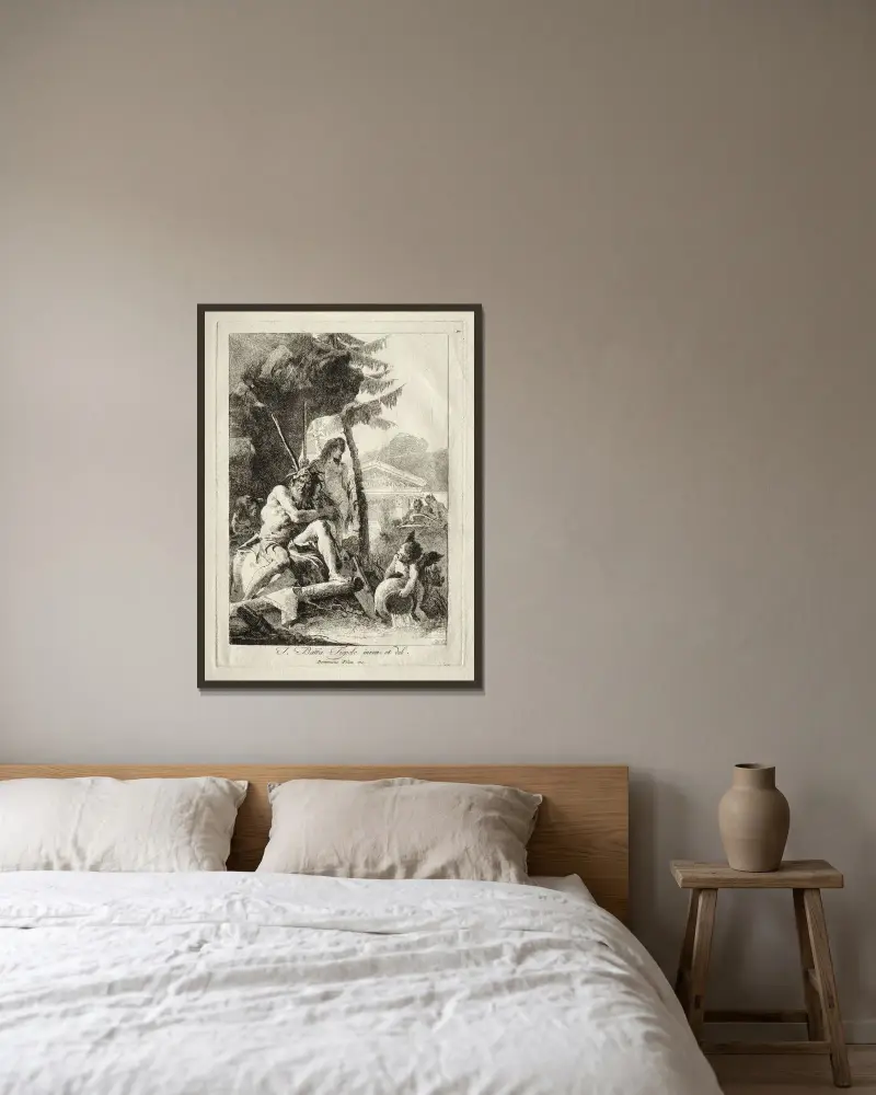 Vattenfigurer av Giovanni Domenico Tiepolo inramad på en vägg