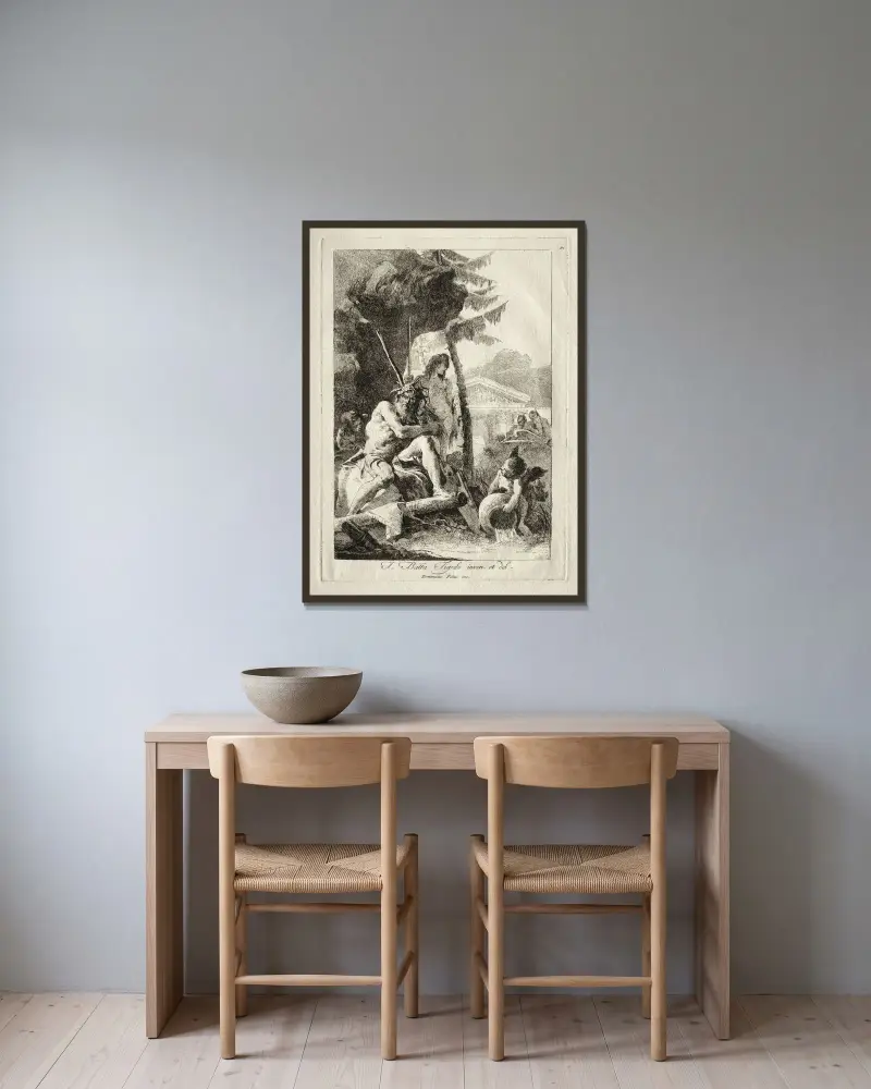 Vattenfigurer av Giovanni Domenico Tiepolo inramad på en vägg
