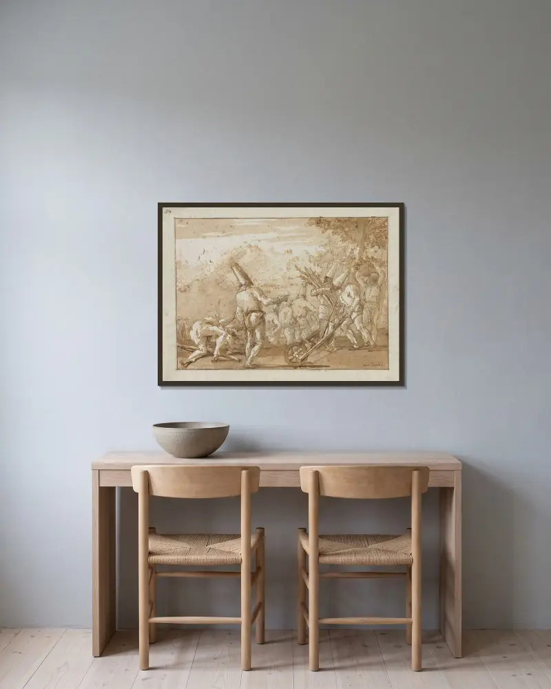 Insamling av ved av Giovanni Domenico Tiepolo inramad på en vägg
