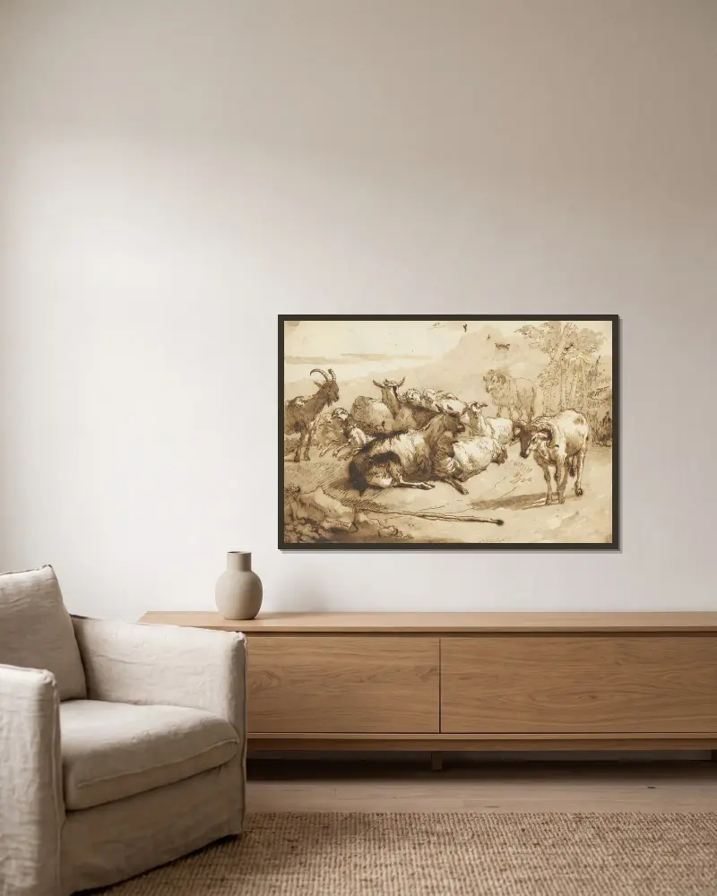 Getter och får i ett landskap av Giovanni Domenico Tiepolo inramad på en vägg